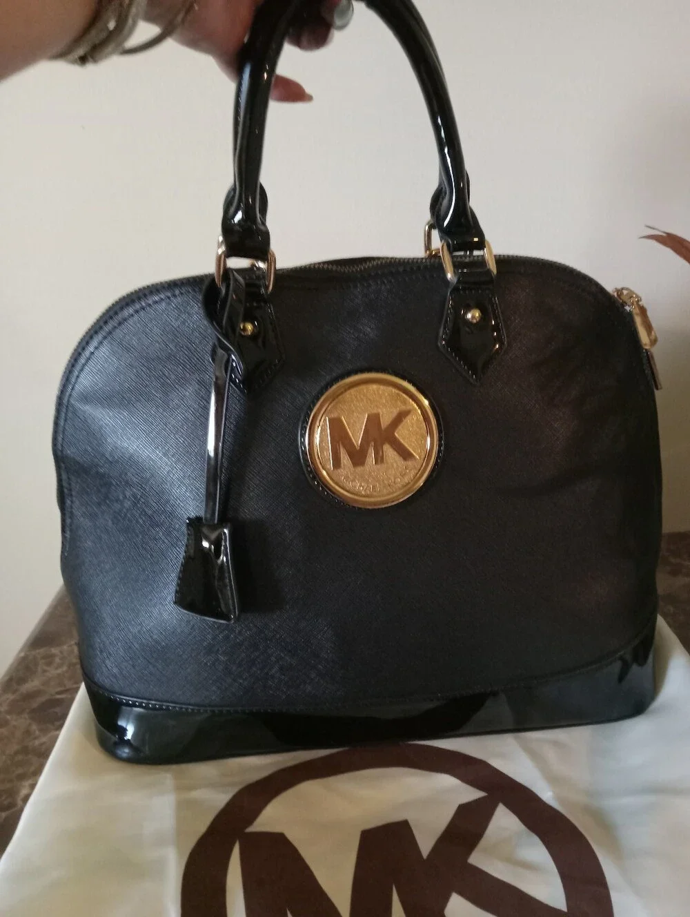 Michael Kors Black Leather/Patent Trim Dome Satchel with Gold Logo EUC